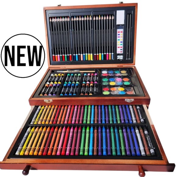 NEW LARGE Wood Box with Art Painting Drawing Supplies Set School Storage Box Org - Picture 1 of 16